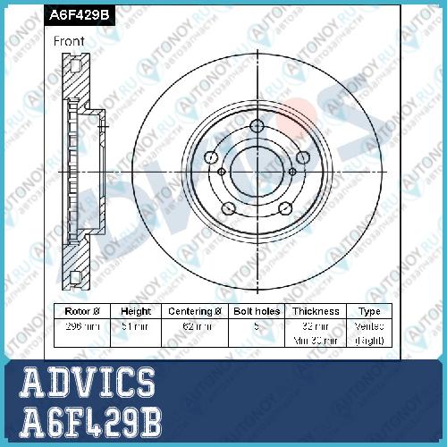 Диск тормозной пер. ADVICS A6F429B